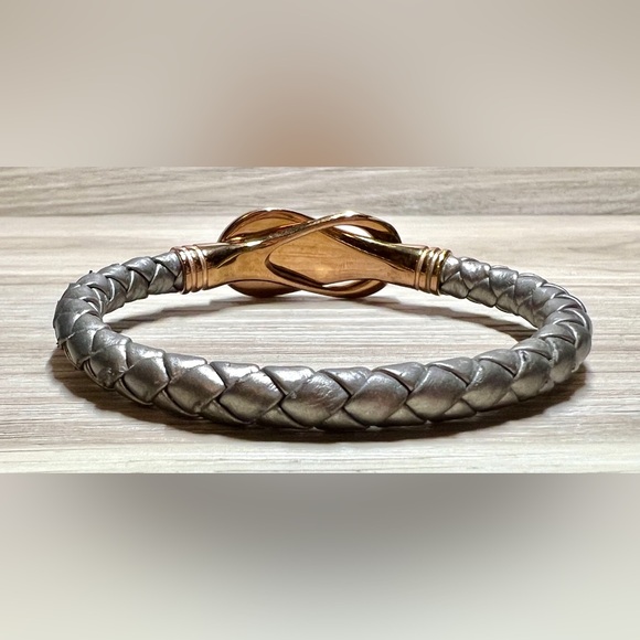 Silver Colored Leather Pave Crystal Cobra Wrap Gray Leather Bracelet, Magnetic - Picture 3 of 6